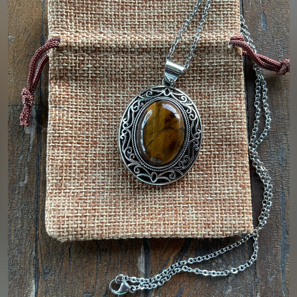 Tigers Eye Necklace Tigers Eye Pendant with Stainless Steel Chain